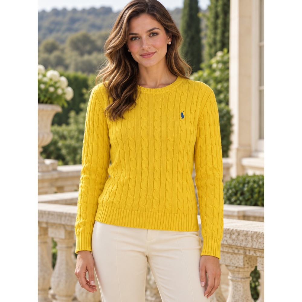Polo Ralph Lauren Cable Knit Sweater Womens XL Yellow Cotton Blue Pony Logo